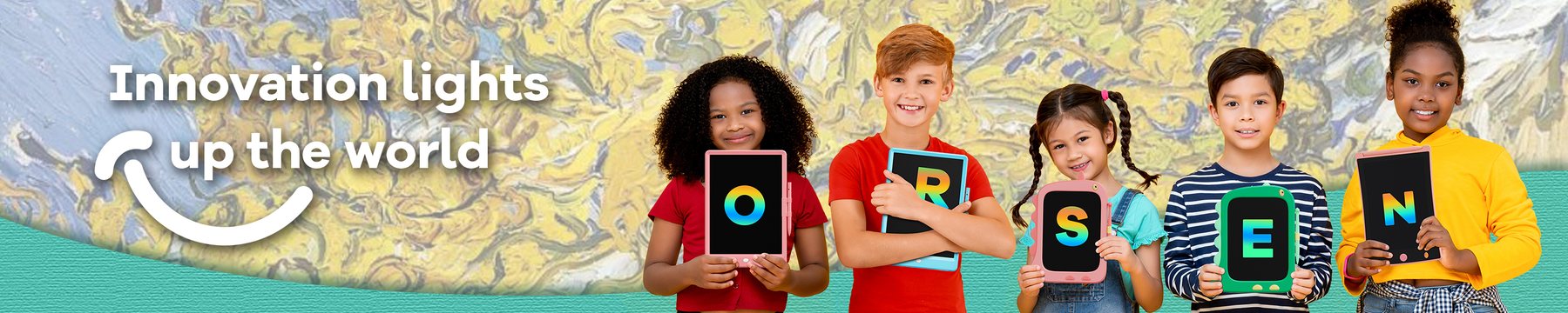 Five kids holding ORSEN LCD writing tablets that spell the brand name